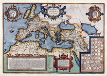 Oud kaartje van Europa, Noord-Afrika en het Midden-Oosten; daarop is het Romeinse rijk in kleur aangegeven